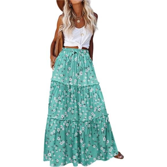 Womens Maxi Skirts, Flowy Skirt with Pockets Green - Picture 1 of 5